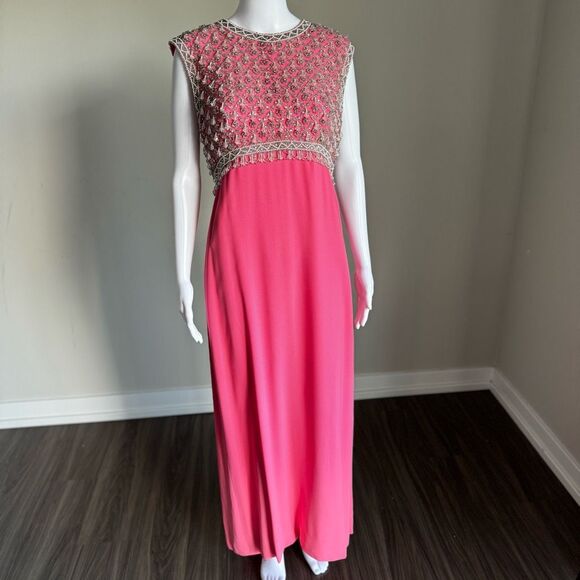 Vintage 60’s Beaded Bodice Gown Maxi Dress With Back Bows - Picture 5 of 13